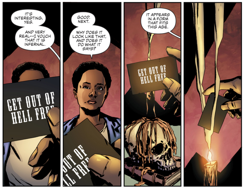 Amanda Waller verifying the authenticity of her literal get-out-of-hell-free card.